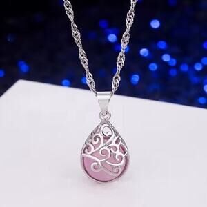 Sterling Silver Necklace w/ Pink Opal Teardrop Filigree Women's Pendant Necklace